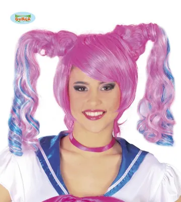 Produktbild von Rosa-weiß-blaue Anime-Perücke mit Zöpfen für Damen