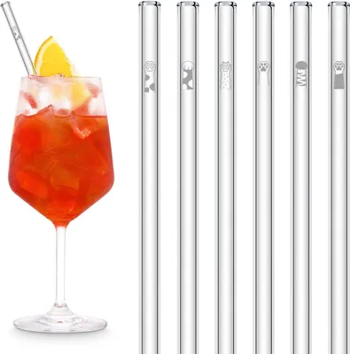Immagine prodotto di Cannucce in vetro HALM 6 pezzi con incisione: simpatico gatto + motivi di zampe di gatto - cannucce da 20 cm - idea regalo per gli amanti dei gattini - stabile - lavabile in lavastoviglie - Germany