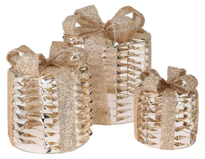 Produktbild von ECD Germany 3er Set LED Geschenkboxen mit 135 warmweißen LEDs, Gold, Drahtgestell, Weihnachtsdeko Innen, Beleuchtete Geschenkbox, Weihnachtsbaum Box