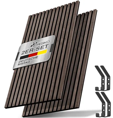 Imagen del producto de TRESKO® 2 Stück Akustikpaneele Holz 120×60 cm inkl. 4x Kleiderhaken | Wandverkleidung Nussbaum als 3D Lamellenwand | Holzpaneele Paneele für Schallschutz | Akustik Wandpaneele mit Montageset