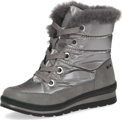 A single gray winter boot with fur trim and laces, shown from a side-angle against a white background.
