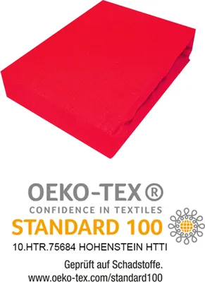 A red fitted sheet is folded and placed on a white background, with OEKO-TEX certification details below.