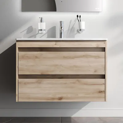 Produktbild von AM.PM Badmöbel Set Badezimmerschrank Hängender Waschbecken mit Unterschrank mit Soft Close, wandhängend, mit 2 Schubladen, Farbe Eiche, als Flachpaket