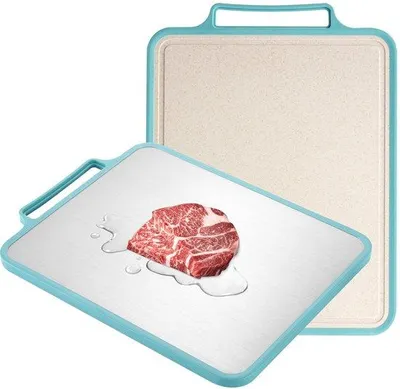 Produktbild von Ibenzoa® Doppelseitiges Schneidebrett 39×30 cm – Edelstahl & natürliche Wesenfasern, Saftrille, antibakteriell, spülmaschinenfest, 1140 g