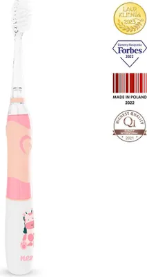 A pink and white electric toothbrush with cartoon cow decoration, placed on a white background with several award badges and text overlays.