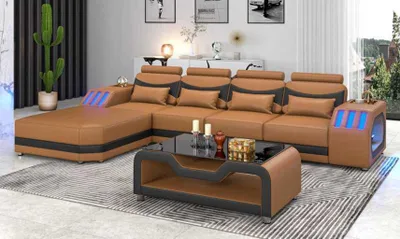 Zdjęcie produktu dla Sofa Narożna Skórzana W Kształcie Litery L Kanapa Brązowy Zestaw LED
