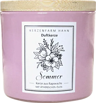 Produktbild von Duftkerze im Glas, Sommer, 100% pflanzliches Rapswachs, KERZENFARM HAHN, mit reinen ätherischen Ölen, Brenndauer ca. 17h