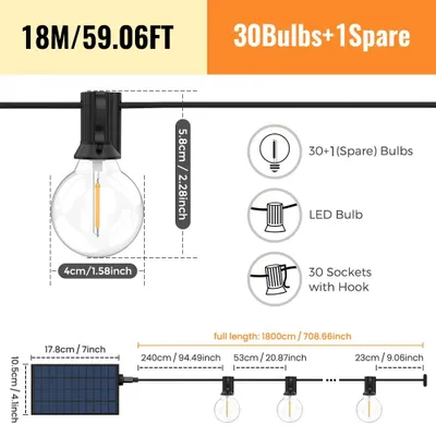 Zdjęcie produktu dla Łańcuch świetlny solarny do użytku zewnętrznego - G40, 18 metrów - 31 żarówek LED - ciepła biel, 3000 K - IP44 - możliwość regulacji jasności