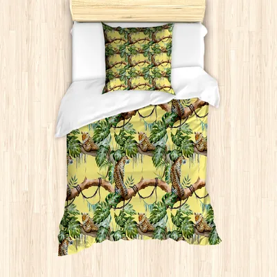 Produktbild von ABAKUHAUS Aquarell Bettbezug Set für Einzelbetten, Leoparden im Dschungel, Milbensicher Allergiker geeignet mit Kissenbezug, Gelb Grün Hellgelb