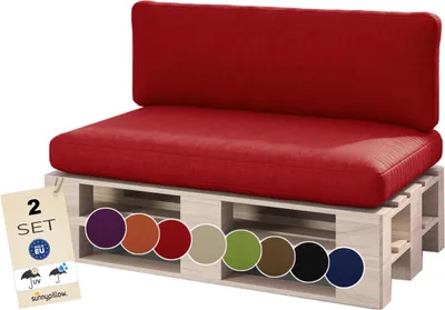 Produktbild von sunnypillow Palettenkissen Outdoor, wasserdicht, UV-lichtecht - 2er Set - Palettenauflage für Palettensofa für Haus, Garten - Palettenpolster für Palettenmöbel - Rückenkissen & Sitzkissen Rot