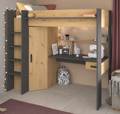 Produktbild von Parisot Meubles Hochbett, Eiche Artisan Nachbildung schwarz, 90x200 cm, mit integriertem Kleiderschrank und Schreibtisch, kein zusätzlicher Lattenrost erforderlich, für Kinder und Jugendliche