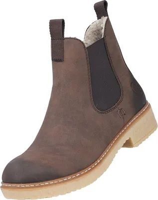A single brown Chelsea boot with a thick sole is shown against a white background.