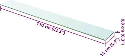 A glass shelf with dimensions indicated by purple lines and text.