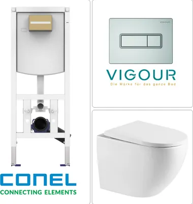 Produktbild von Wand-WC mit Tornado-Spülung, SoftClose WC-Sitz und CONEL WC Vorwandelement mit VIGOUR TEES Betätigungsplatte, chrom matt