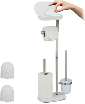 Obrázek produktu pro Sada do koupelny Relaxdays, VxŠxH: 69 x 31 x 16 cm, stojan na toaletní papír, toaletní kartáč, držák na náhradní role, odkládací polička, bílá
