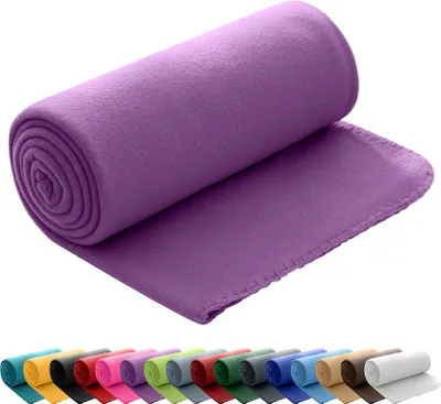 A rolled-up purple fleece blanket is shown in the foreground, with a row of other rolled blankets in various colors in the background.
