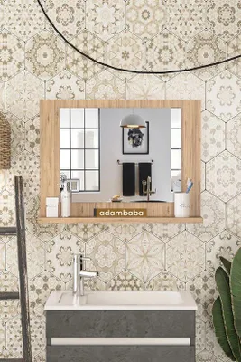 Image de Étagère murale adambaba avec miroir Modena 60 x 45 cm en pin