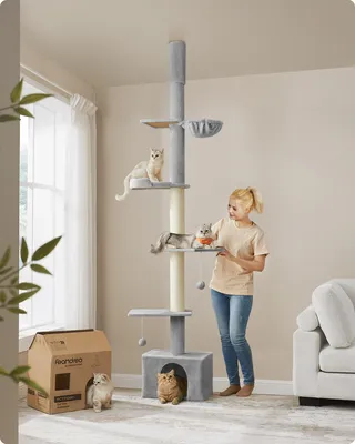 Obrázek produktu pro Feandrea, kočičí strom, výška až ke stropu, 231-291 cm, výškově nastavitelný, extra velký, vícepatrový kočičí strom, silné sloupky o tloušťce 11 cm, světle šedá barva