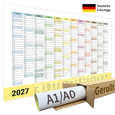 Produktbild von XXL Jahreskalender Wandkalender 2027 | DIN A0 | 1 Stück | Gerollt verpackt ohne Knicke | 84,1 x 118,9 cm | Kalender | deutsche Feiertage + Ferien