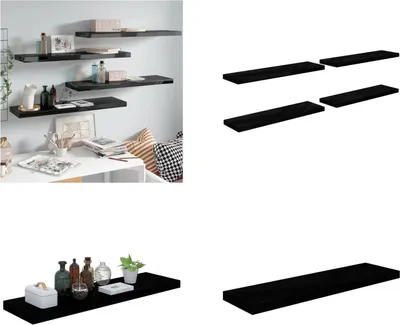 Produktbild von vidaXL Wandregale Schwebend 4 Stk. Hochglanz Schwarz 90x23,5x3,8cm MDF - Wandregal - Wandregale - Schwebendes Wandregal - Wandregal Schwebend