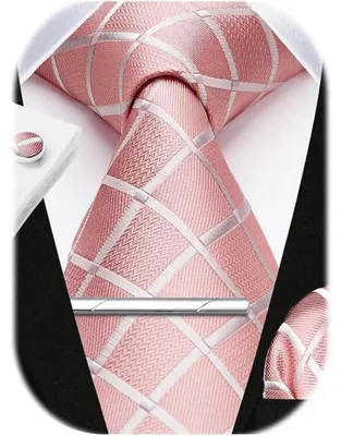 Produktbild von Herren Krawatten-Set mit Einstecktuch, Manschettenknöpfen und Krawattenklammer, kariert, Baby Pink