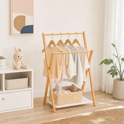 Produktbild von X-Form Kinder Kleiderständer aus Bambus,Freistehender Kleiderständer mit Doppelstangen,kompakter offener Kleiderschrank für Kinderzimmer 72x45x90cm