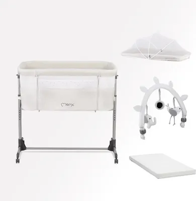 Produktbild von MoMi REVO – 2-in-1 Beistellbett & Babybett, höhenverstellbar mit Neigungsverstellung, inkl. Matratze, Spielzeug & Moskitonetz – Hellgrau