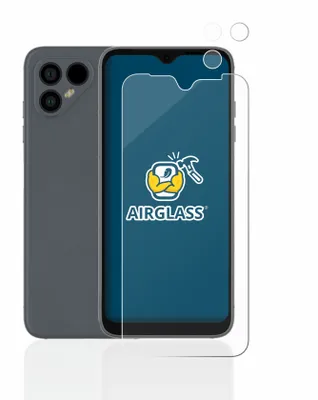 A smartphone with a screen protector laid out on a white background.
