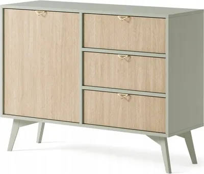 Image de Buffet WOOD - Commode 3 tiroirs - Pieds en bois, Design moderne - Poignées en aluminium doré - Vert clair