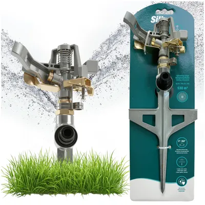 Produktbild von Sillar Metall Impulsregner 360° mit Erdspieß – Pulsierender Rasensprenger Gartenregner für Rasen bis 530 m²