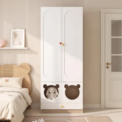Produktbild von Kleiderschrank mit Bärenmotiv, Kleiderstange und Schublade, MDF, Weiß und Holzoptik, 80 x 50 x 200 cm
