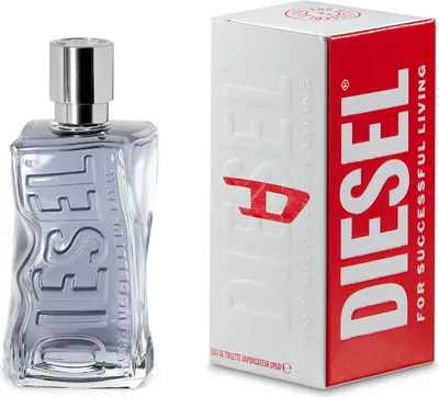 A bottle of Diesel D By Diesel Eau De Toilette Spray and its packaging are displayed side-by-side against a white background.