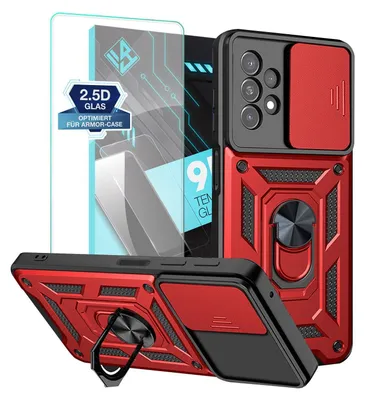 Produktbild von Armor Handyhülle für Samsung Galaxy A13 mit 9H Displayglas Displayschutz Kameraschutz Handy Panzer Case Cover Schutzhülle Outdoor Farbe: Rot
