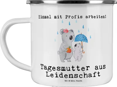 Produktbild von Mr. & Mrs. Panda Teetasse Tagesmutter Leidenschaft - Weiß - Geschenk, Emaille Tasse, Blechtasse, Teebecher, becher