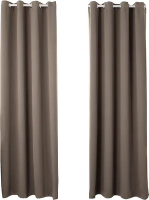 Two taupe-colored curtains hanging side-by-side against a white background.