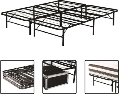A collage of images showing a black metal folding bed frame, a folded bed frame, a bed frame with storage, and a mattress on a bed frame.