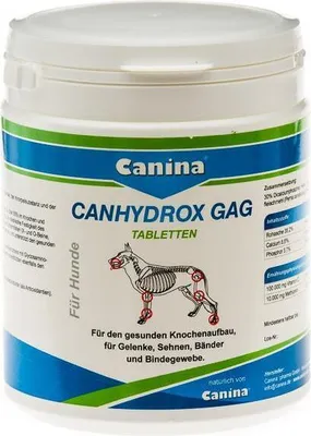 A white plastic container of Canina Canhydrox GAG tablets for dogs.
