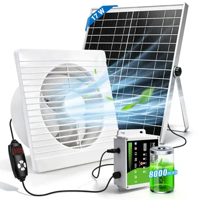Produktbild von Solar Ventilator mit 8000mAh Powerbank 17W Solarlüfter Ø150mm mit 4M Kabel Lüftungsstufenregelung Zeitfunktion 180 m³/h 36dB für Hühnerstall Treibhaus