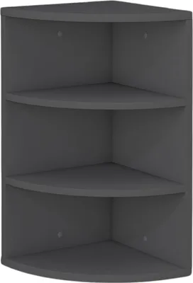 A dark gray corner shelf unit with three shelves.