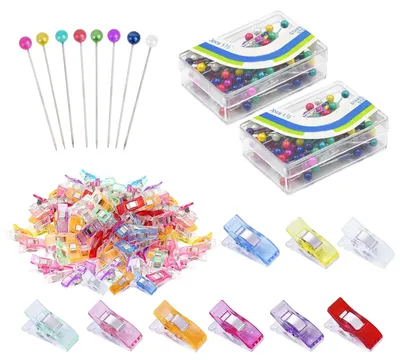 Produktbild von Stecknadeln mit Kunststoffkopf und Nähklammern - 200 Stecknadeln und 50 Stoffklammern - Set für Basteln Quilten und Säumen - Mehrfarbig