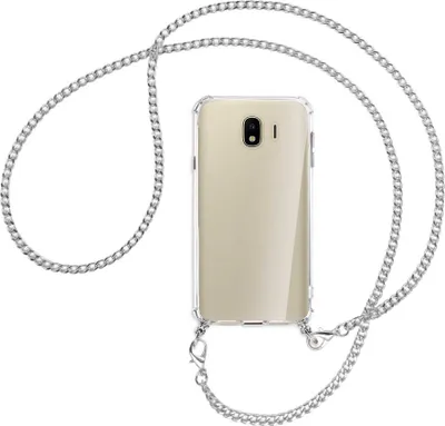 Produktbild von Handykette Backcover-Schutzhülle mit Band (Metall silberfarben) für Samsung Galaxy J4 2018 - silberfarbene Kette