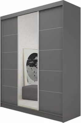 Produktbild von AGMAT Schwebetürenschrank Kira, Kleiderschrank mit 3 Türen und Spiegel und 2 Schubladen, Moderne Garderobe in Farbe: Graphit, Schrank in Größe: 180 x 216 x 61 cm