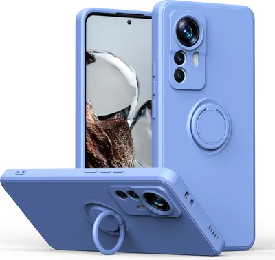A purple phone case with a ring holder is displayed from multiple angles against a white background.