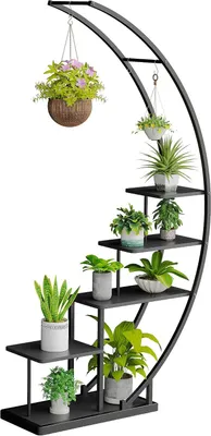 Produktbild von Metallischer Pflanzenständer mit 5 Etagen in Halbmondform, 172 cm hoch, Pflanzenregal mit 5 Ablagen und Haken, hoher Blumenständer