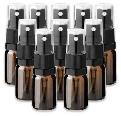 Produktbild von 10x Braune Glasflasche 5 ml mit schwarzem Zerstäuber Sprühkopf leer