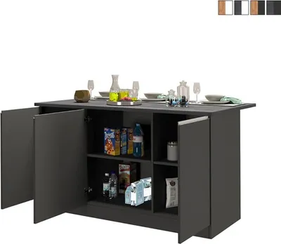 Produktbild von Kücheninsel 3 Türen für moderne Küche 155x90x90cm mit Tisch Deaton - Schwarz - Grau