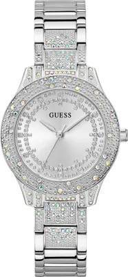 A close-up studio shot of a women's silver Guess watch.