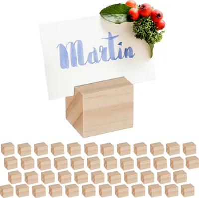 Produktbild von Relaxdays Tischkartenhalter Holz, 48er Set, Kartenhalter Tischkarten, Menükarten, Postkarten, Fotos, Aufsteller, natur