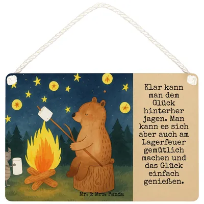 Produktbild von Mr. & Mrs. Panda Schild Bär & Marienkäfer Lagerfeuer Design DIN A5 - Weiß - Geschenk, Holzschild, Teddy, Deko Wandbild, Türschild, holzbild, kleine aufmerksamkeit