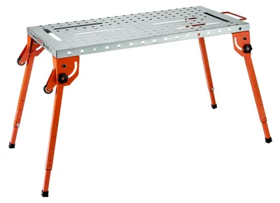 Produktbild von Zusammenklappbarer Schweißtisch 533x1118mm, 226 kg Tragkraft, Werktisch mit 4-stufiger Höhenverstellung, Werkbank mit 6 Werkzeugschlitzen und 16mm Befestigungslöchern für Schweißbaugruppen